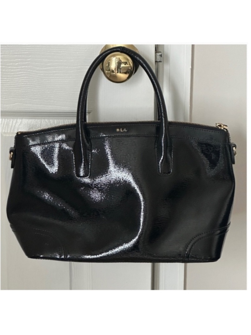 RLL Ralph Lauren Black Leather 2-Way Satchel Bag Cowhide Patent High Gloss Good